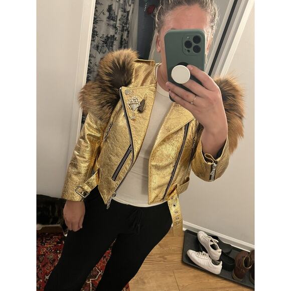 Marc Jacobs Fox Fur Leather Jacket Gold Sequin Lips disco retro M 6 - Picture 2 of 11
